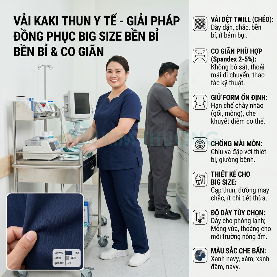 Đồng phục y tá big size vải kaki thun màu xanh navy co giãn, giữ form tốt, chống mài mòn trong môi trường bệnh viện
