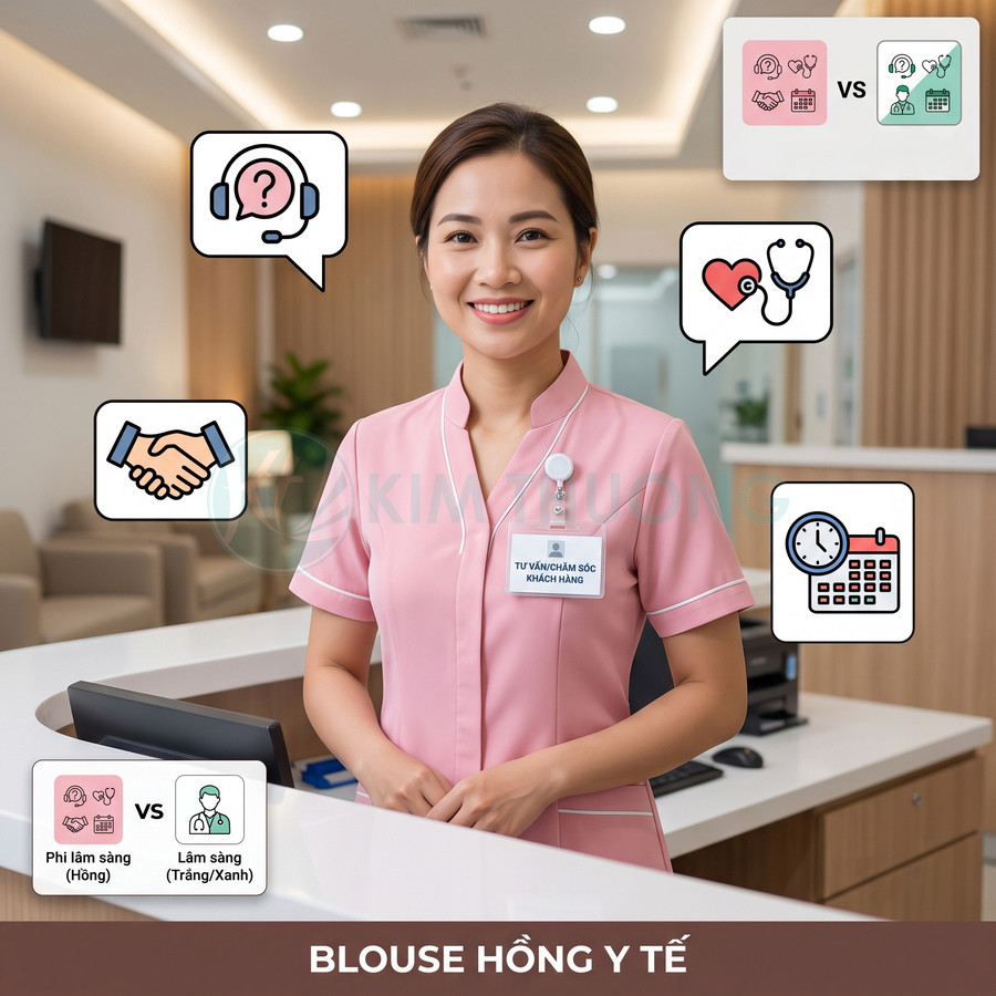 Nhân viên y tế nữ mặc blouse hồng đứng quầy lễ tân bệnh viện, bảng tên tư vấn chăm sóc khách hàng