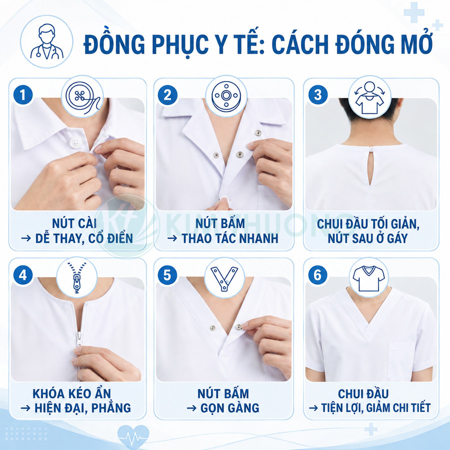 Các kiểu đóng mở áo đồng phục y tế màu trắng với nút cài, nút bấm, khóa kéo và cổ chui tiện lợi