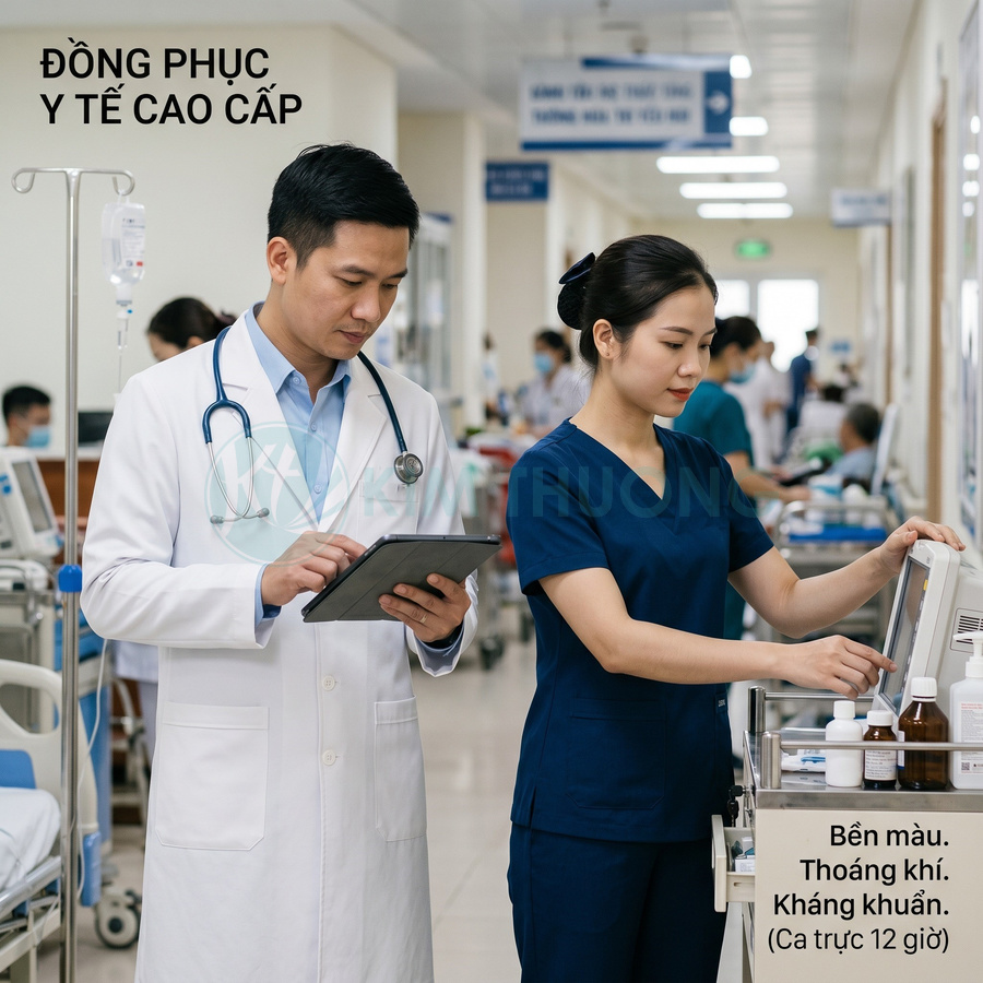 Bộ đồng phục y tế cao cấp cho bác sĩ áo blouse trắng và y tá đồ scrubs xanh navy trong bệnh viện