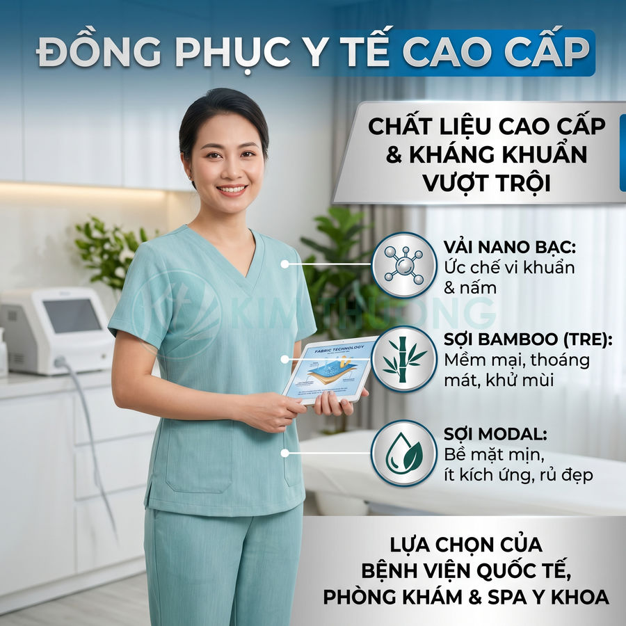 Đồng phục y tế cao cấp màu xanh bạc hà cho nữ, chất liệu vải nano bạc, sợi tre bamboo và sợi modal kháng khuẩn
