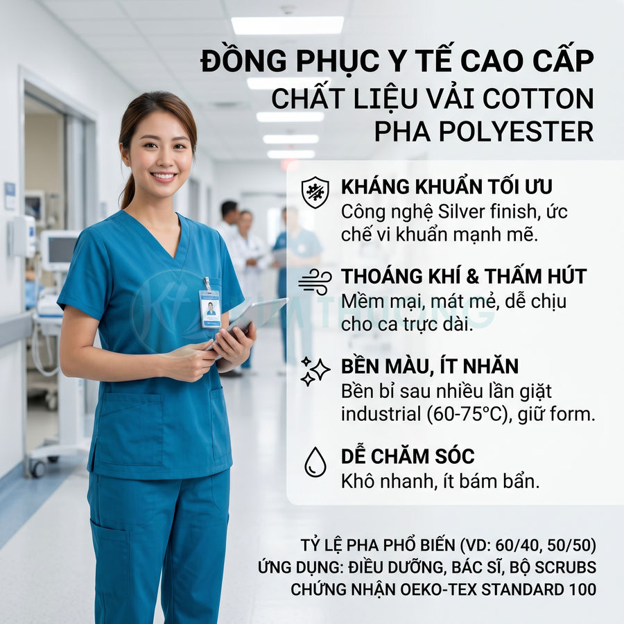 Nữ điều dưỡng mặc đồng phục y tế màu xanh chất liệu cotton pha polyester trong bệnh viện hiện đại