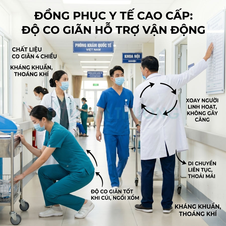 Đồng phục y tế cao cấp co giãn 4 chiều, kháng khuẩn thoáng khí cho bác sĩ và y tá trong bệnh viện