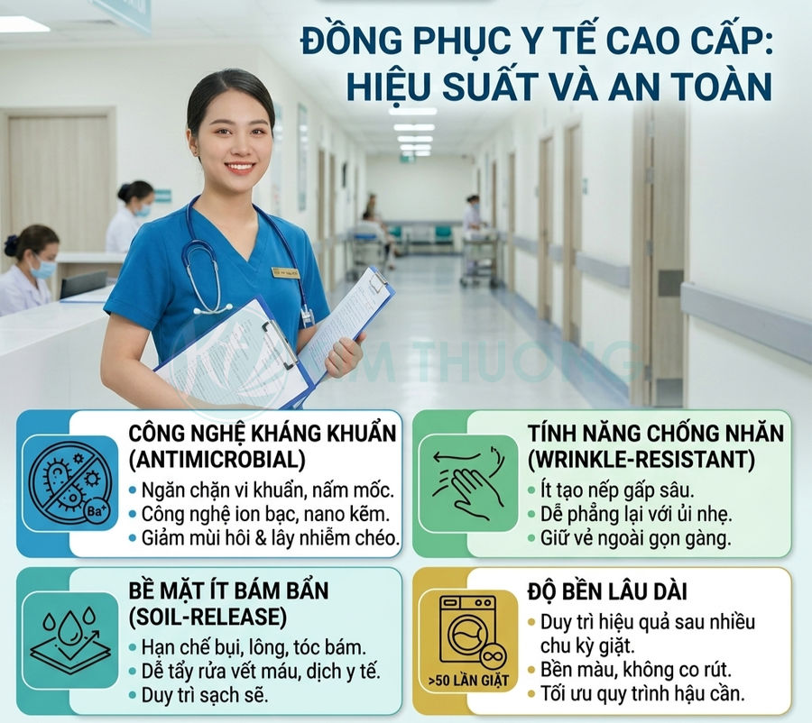 Đồng phục y tế cao cấp màu xanh cho nữ điều dưỡng với công nghệ kháng khuẩn, chống nhăn và bền màu lâu dài