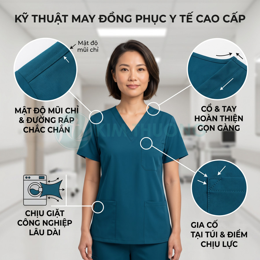 Đồng phục y tế cao cấp màu xanh cổ tim, đường may chắc chắn, cổ tay gọn gàng, túi áo được gia cố bền chắc