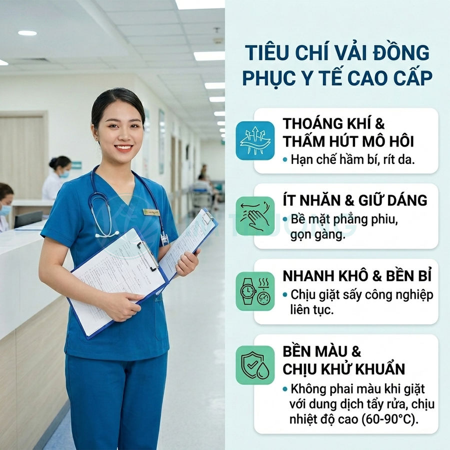 Nữ y tá mặc đồng phục y tế màu xanh cao cấp, cầm hồ sơ bệnh án trong hành lang bệnh viện