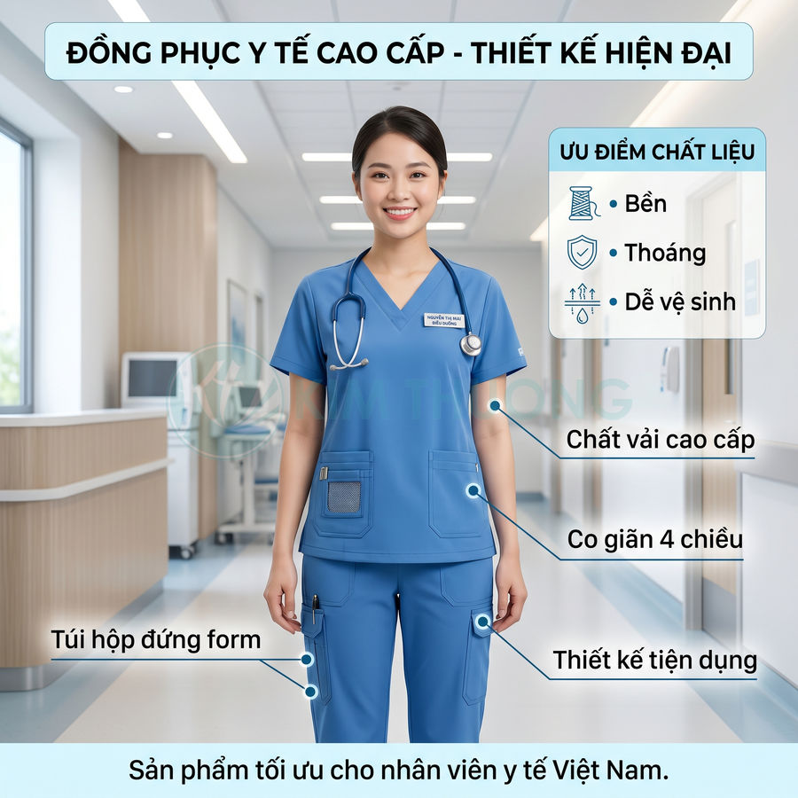 Đồng phục y tế cao cấp màu xanh dương cho nhân viên y tế nữ, chất vải co giãn thoáng mát, nhiều túi tiện dụng