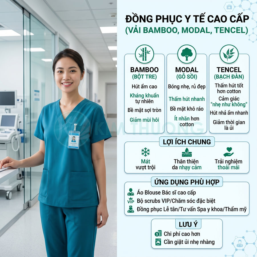 Đồng phục y tế cao cấp màu xanh chất liệu bamboo modal tencel cho bác sĩ y tá trong bệnh viện hiện đại