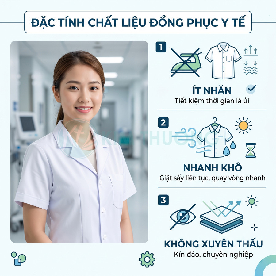 Đồng phục y tế nữ màu trắng, chất liệu ít nhăn, nhanh khô, không xuyên thấu, phù hợp môi trường bệnh viện