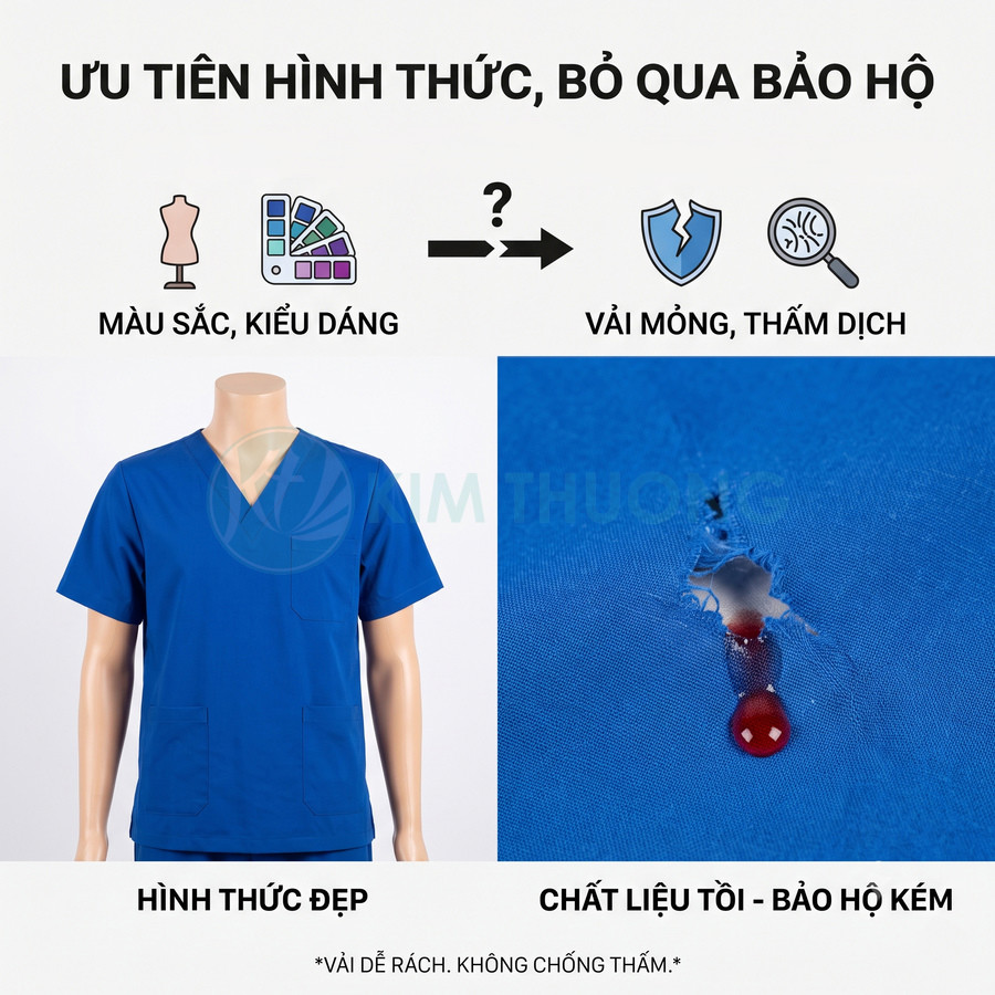 Đồng phục y tế màu xanh đẹp mắt nhưng vải mỏng dễ rách và thấm dịch, khả năng bảo hộ kém