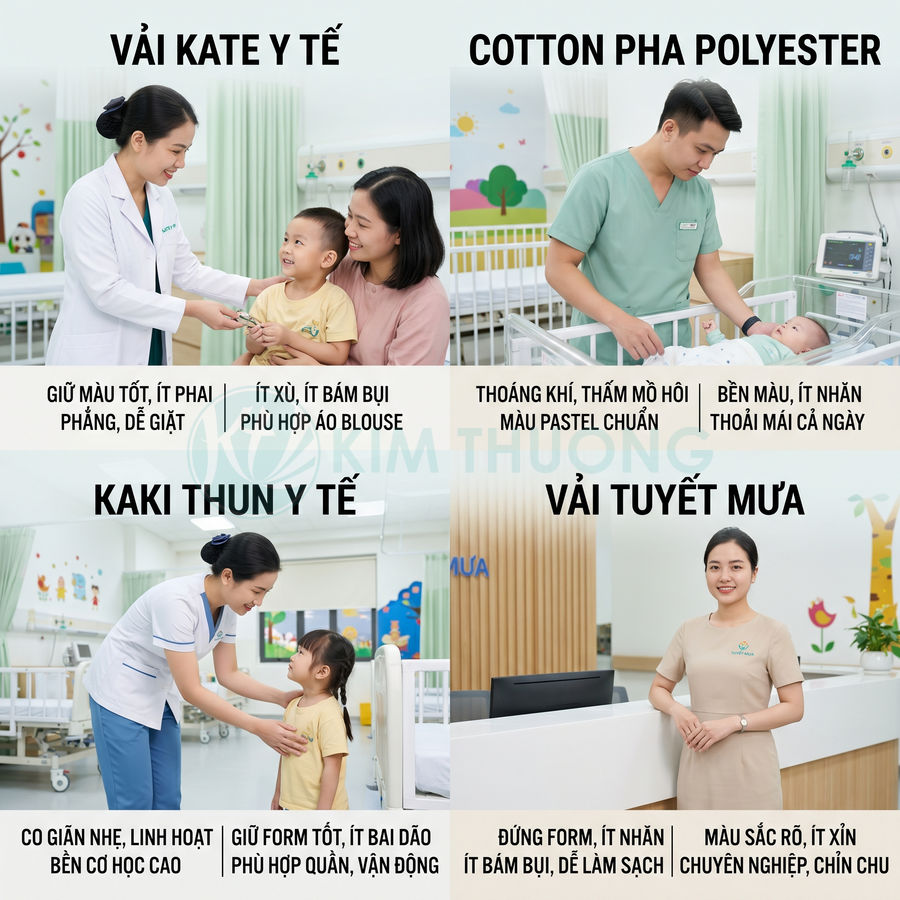 Các loại đồng phục y tế vải kate, cotton, kaki thun, tuyết mưa cho bác sĩ và điều dưỡng trong bệnh viện