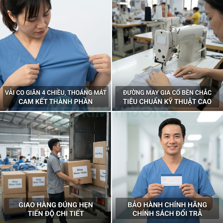 Đồng phục y tế màu xanh chất liệu co giãn 4 chiều, may kỹ, giao hàng đúng hẹn và bảo hành chính hãng