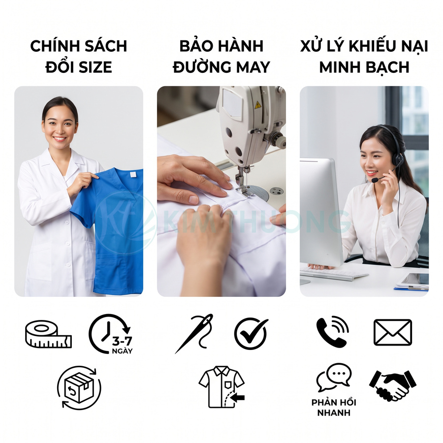 Chính sách đổi size, bảo hành đường may và hỗ trợ khiếu nại cho áo đồng phục Kim Hương
