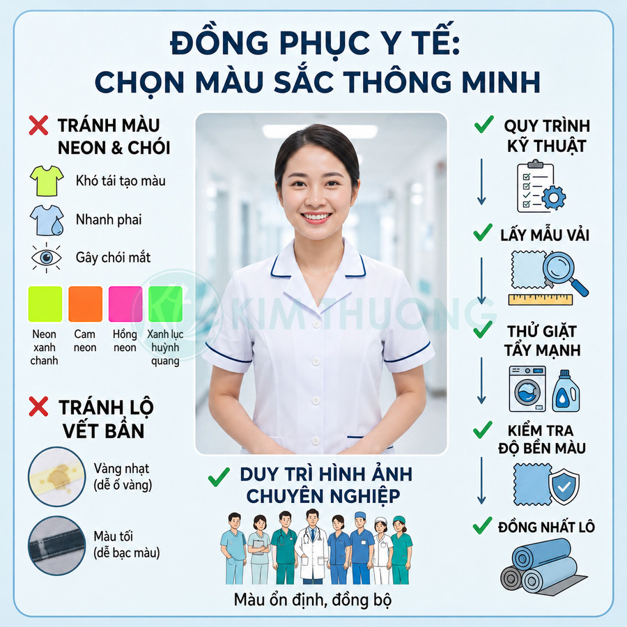 Nữ nhân viên y tế mặc đồng phục blouse trắng viền xanh đứng trong hành lang bệnh viện, minh họa chọn màu đồng phục y tế