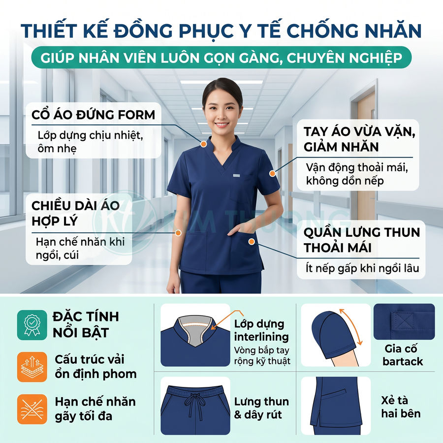 Đồng phục y tế màu xanh navy chống nhăn, cổ tim, quần lưng thun, nhân viên nữ mặc trong hành lang bệnh viện