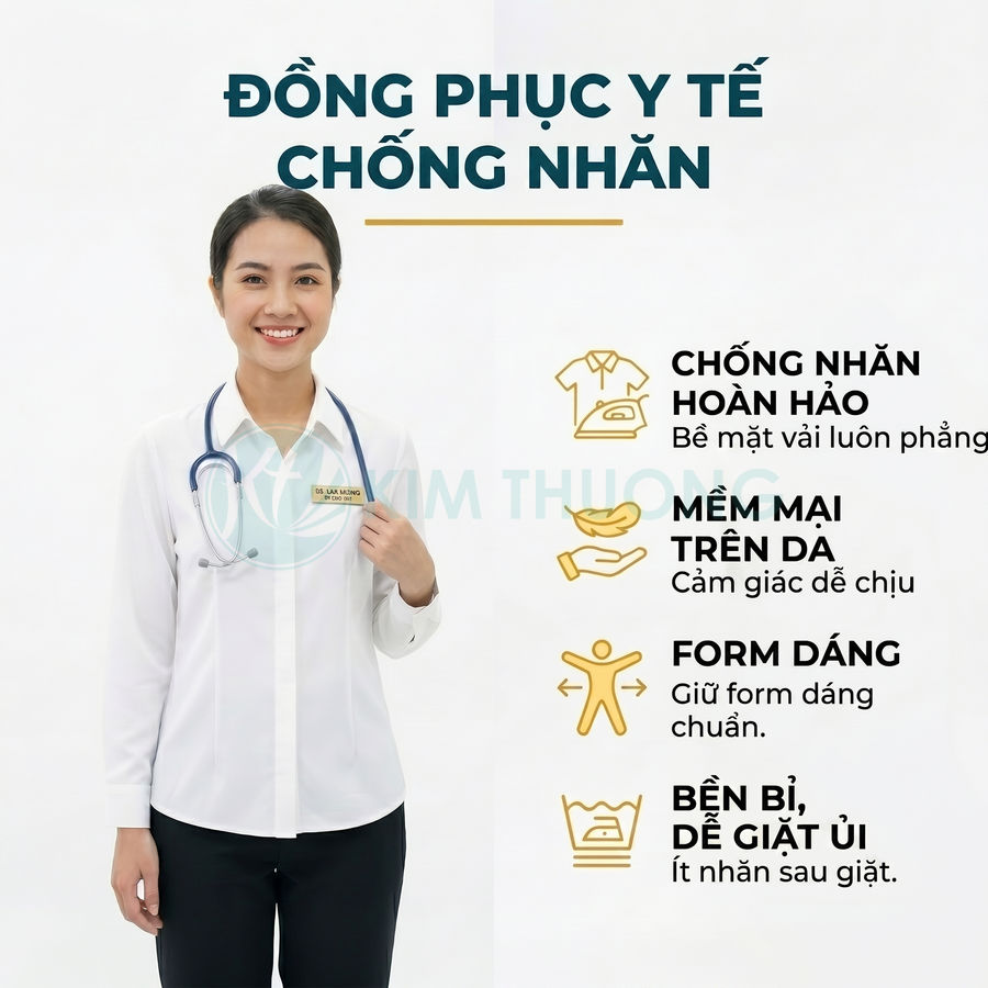 Đồng phục y tế nữ chống nhăn màu trắng tay dài, cổ sơ mi, bác sĩ đeo ống nghe và bảng tên