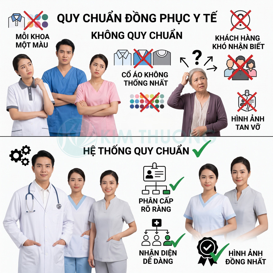 So sánh đồng phục y tế không quy chuẩn và hệ thống đồng phục y tế chuẩn, nhân viên mặc áo blouse và scrub