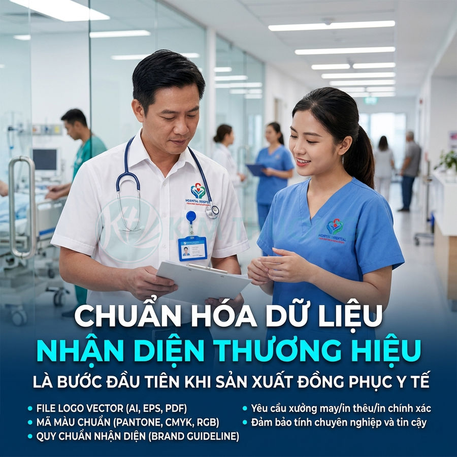 Bác sĩ và y tá mặc đồng phục y tế in logo bệnh viện trao đổi hồ sơ trong hành lang bệnh viện hiện đại