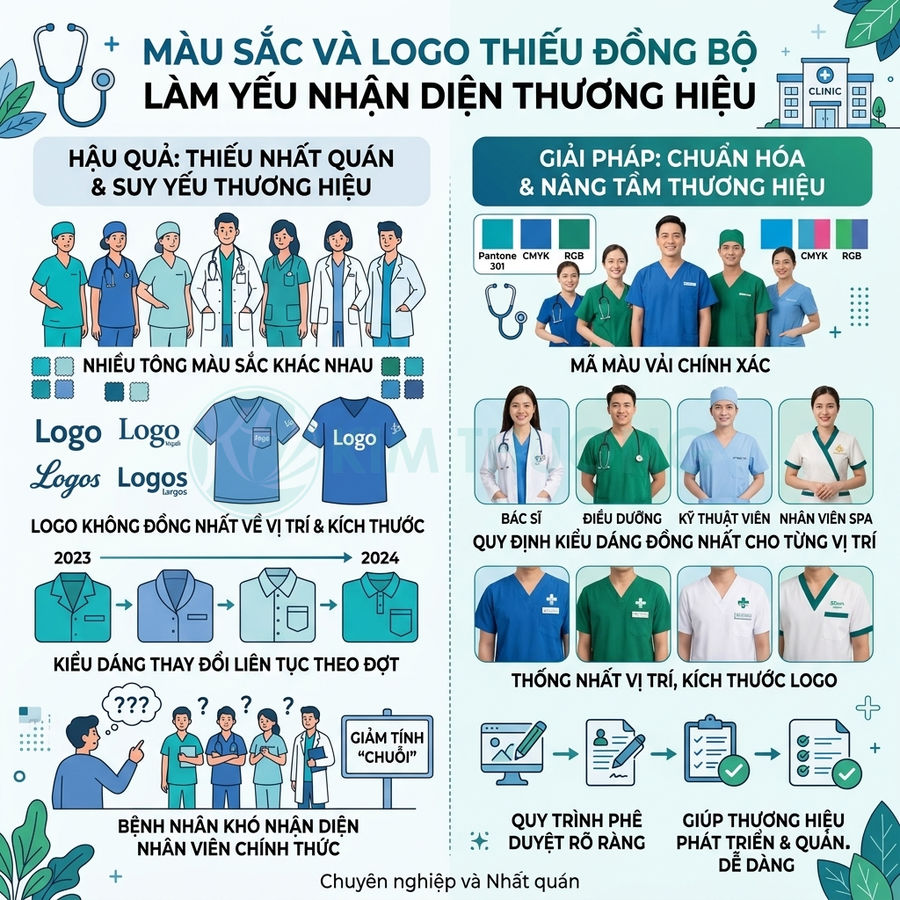 Infographic đồng phục y tế minh họa tác hại logo màu sắc thiếu đồng bộ và giải pháp chuẩn hóa nhận diện thương hiệu