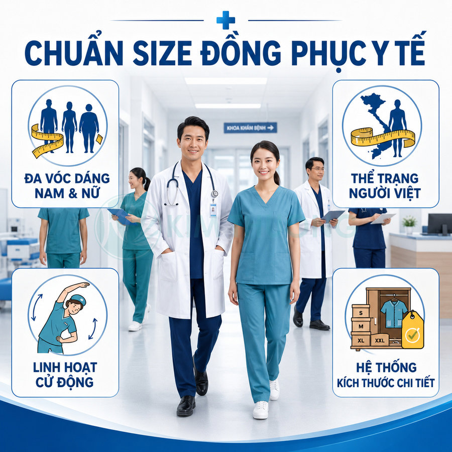 Bộ đồng phục y tế chuẩn size cho bác sĩ và y tá, thiết kế vừa vặn, linh hoạt cho nhiều vóc dáng nam nữ