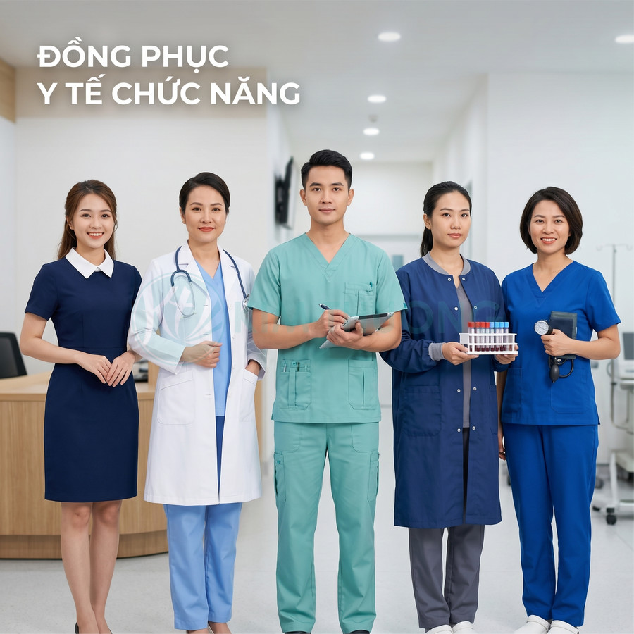 Nhóm nhân viên y tế mặc đồng phục bệnh viện đa dạng màu sắc đứng trong sảnh khám chữa bệnh