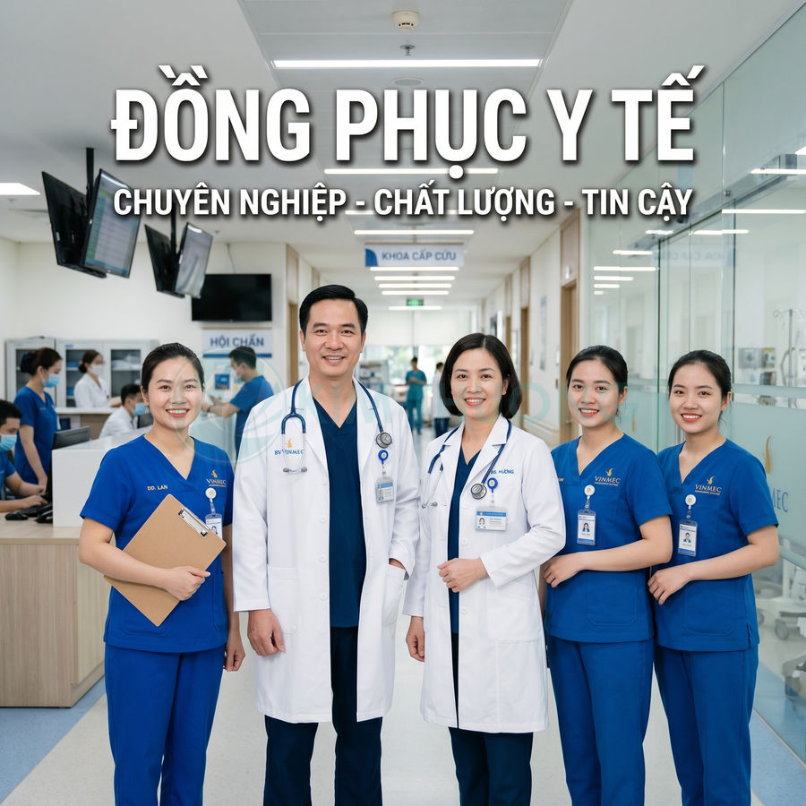 Đồng phục y tế bệnh viện màu xanh và áo blouse trắng cho bác sĩ, điều dưỡng đứng trong hành lang khám chữa bệnh