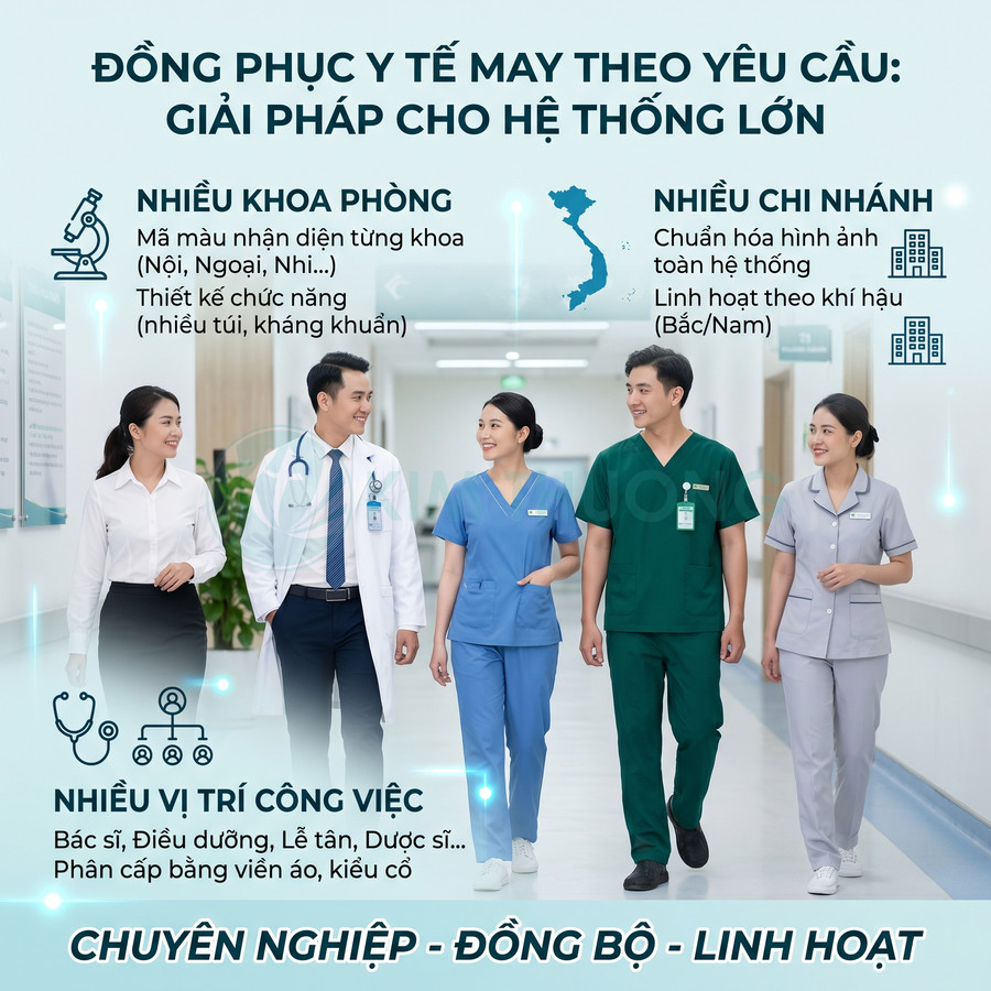 Nhóm bác sĩ y tá mặc đồng phục y tế nhiều màu sắc đi trong hành lang bệnh viện hiện đại