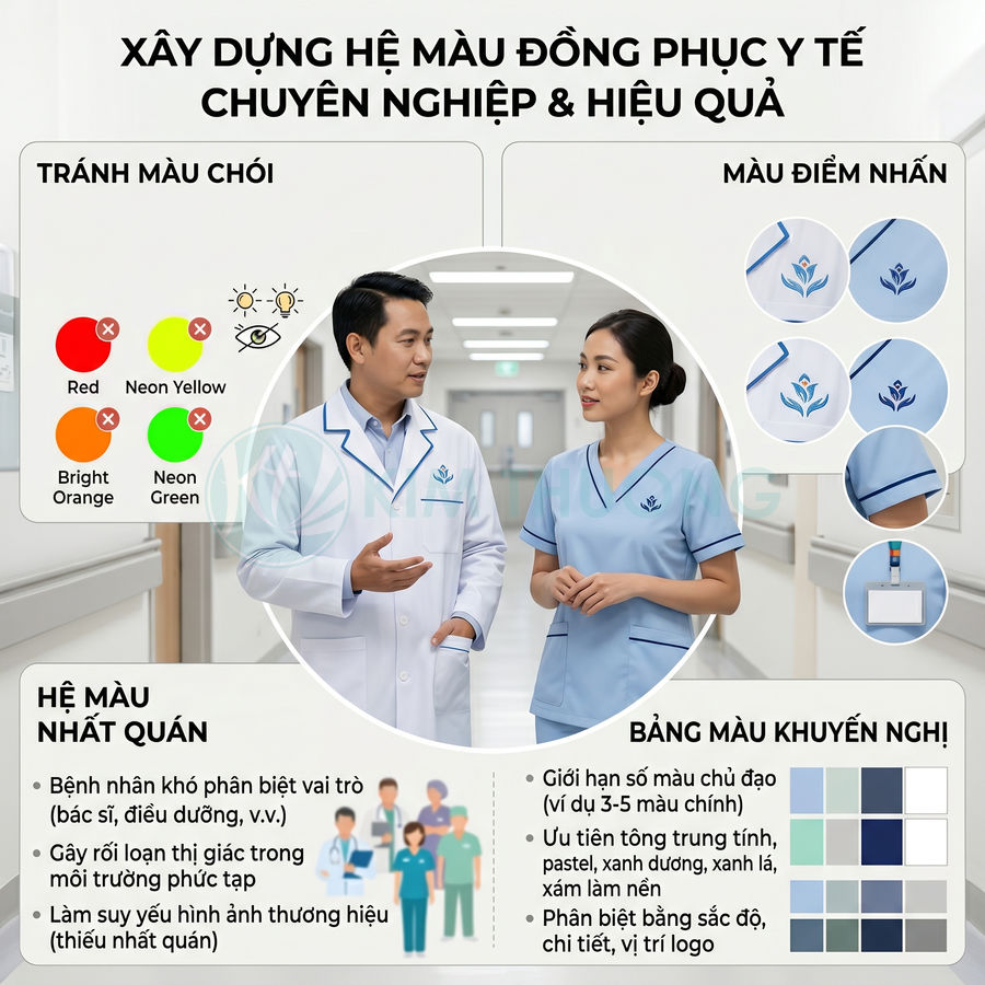 Đồng phục y tế màu xanh pastel cho bác sĩ và y tá với logo hoa màu xanh trên áo và mũ
