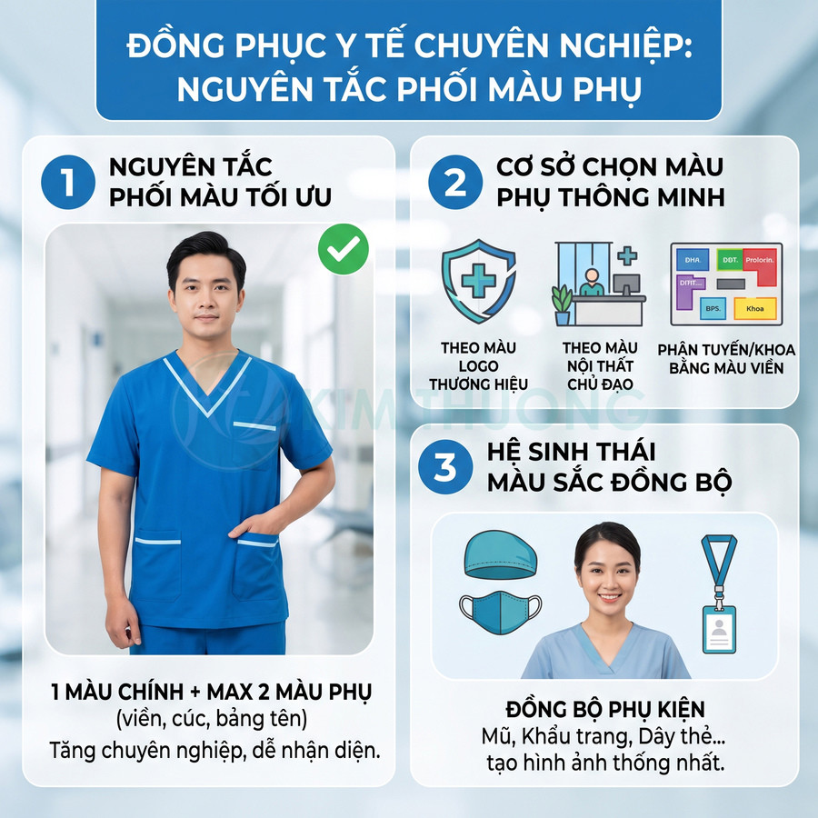 Đồng phục y tế màu xanh dương chuyên nghiệp cho bác sĩ điều dưỡng, phối viền trắng và phụ kiện đồng bộ
