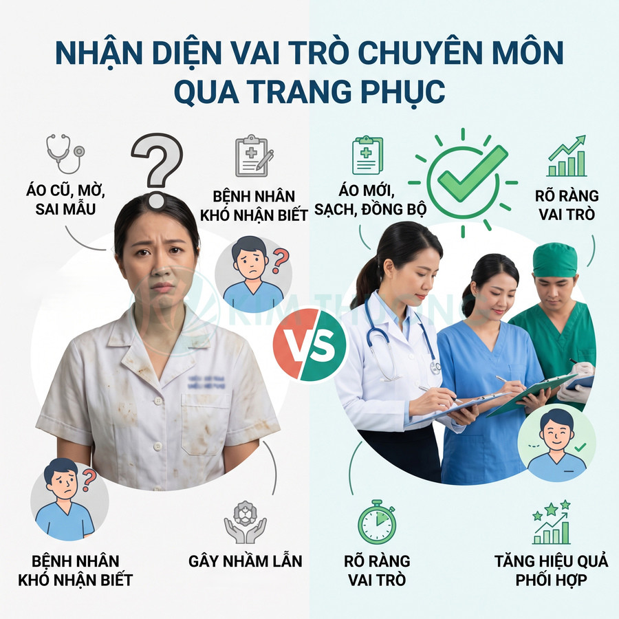 So sánh nhân viên y tế mặc áo blouse bẩn và nhóm bác sĩ, y tá mặc đồng phục sạch chuyên nghiệp