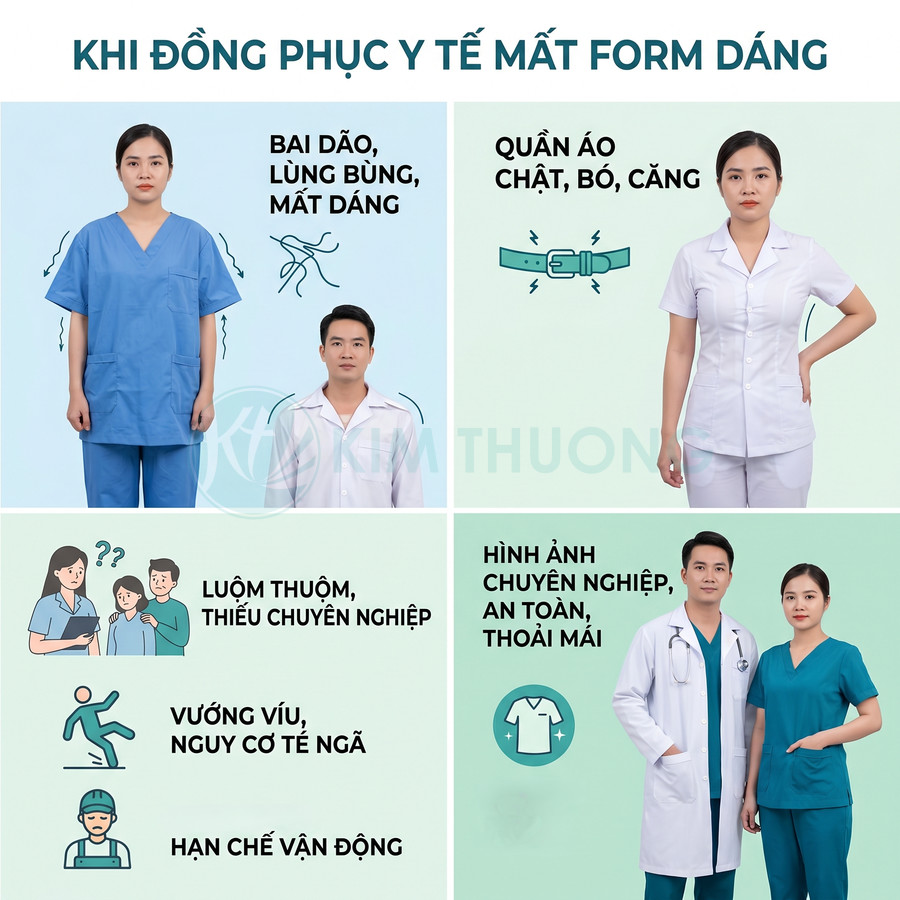 So sánh đồng phục y tế rộng, chật với bộ scrub và áo blouse chuẩn form giúp bác sĩ, y tá chuyên nghiệp, thoải mái