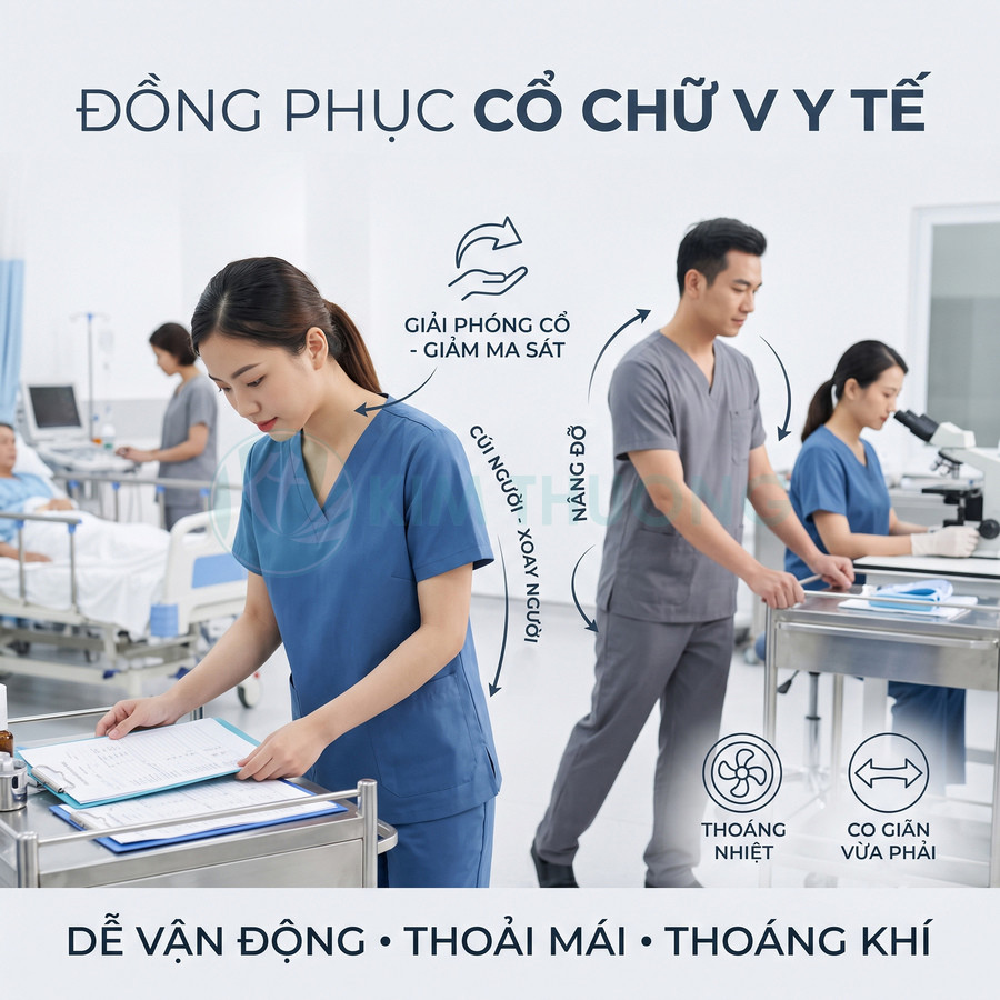 Đồng phục y tế cổ chữ V màu xanh, chất liệu thoáng khí co giãn, nhân viên y khoa mặc khi làm việc trong bệnh viện