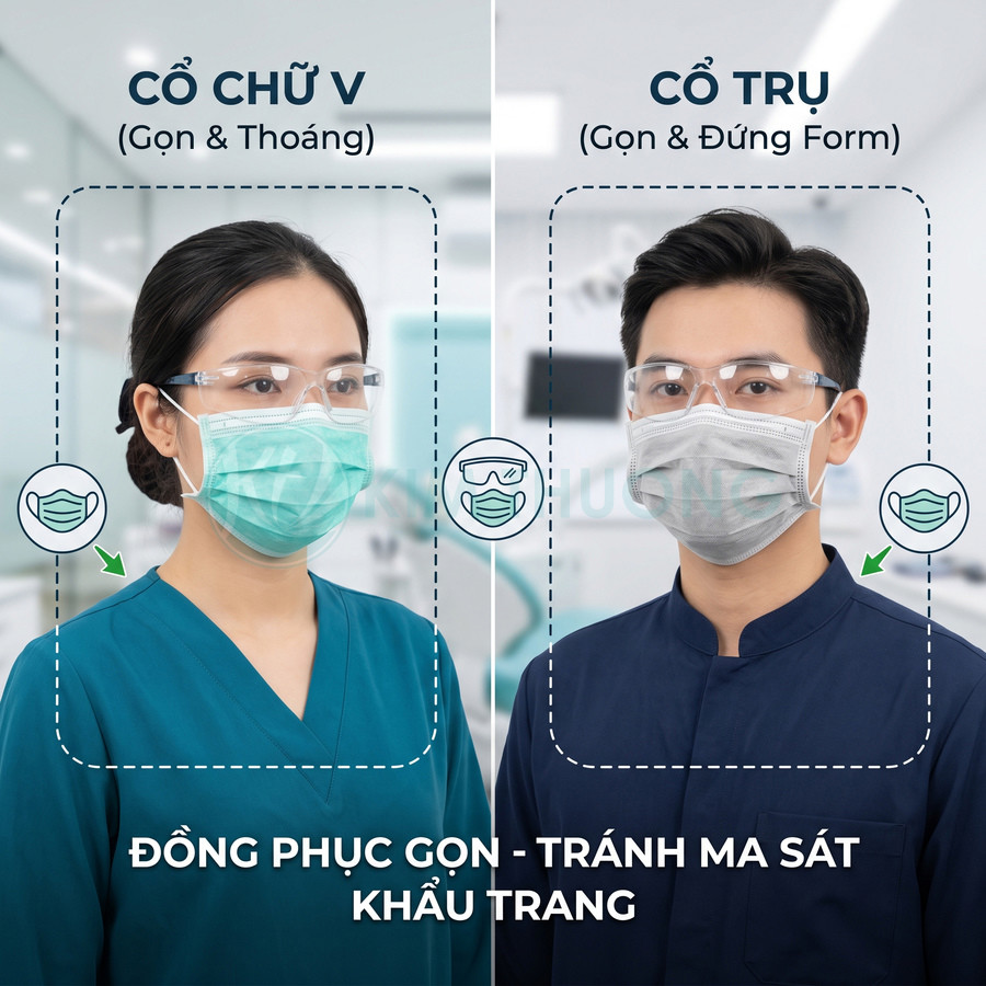 Đồng phục y tế cổ chữ V và cổ trụ gọn gàng, nhân viên đeo kính bảo hộ và khẩu trang trong phòng khám