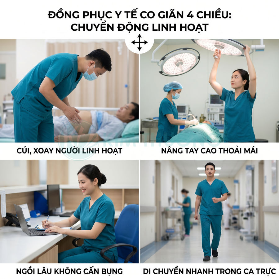 Đồng phục y tế co giãn 4 chiều màu xanh cho bác sĩ điều dưỡng vận động linh hoạt trong bệnh viện