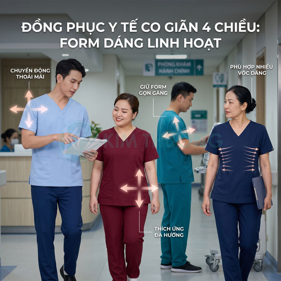 Đồng phục y tế co giãn 4 chiều nhiều màu cho bác sĩ y tá, form dáng linh hoạt trong bệnh viện