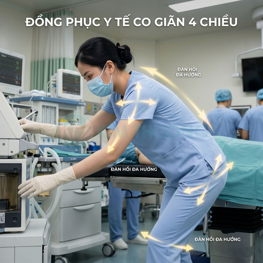 Đồng phục y tế co giãn 4 chiều màu xanh cho nữ điều dưỡng trong phòng mổ
