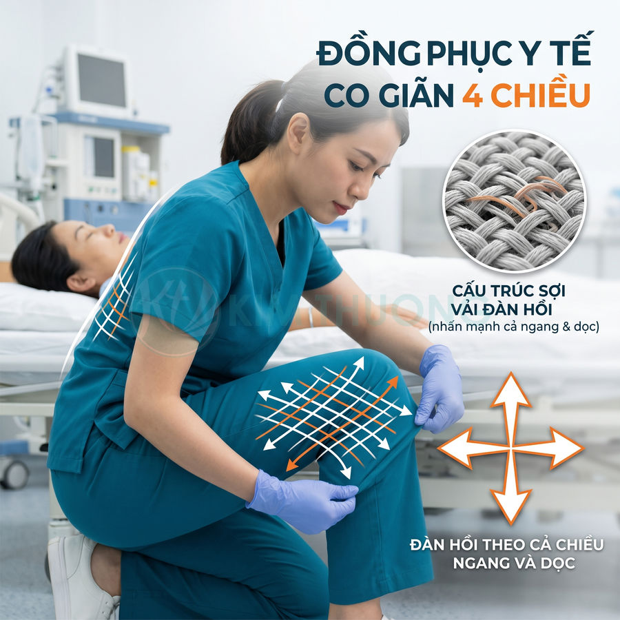 Đồng phục y tế màu xanh co giãn 4 chiều, vải dệt đàn hồi giúp nhân viên y tế vận động thoải mái
