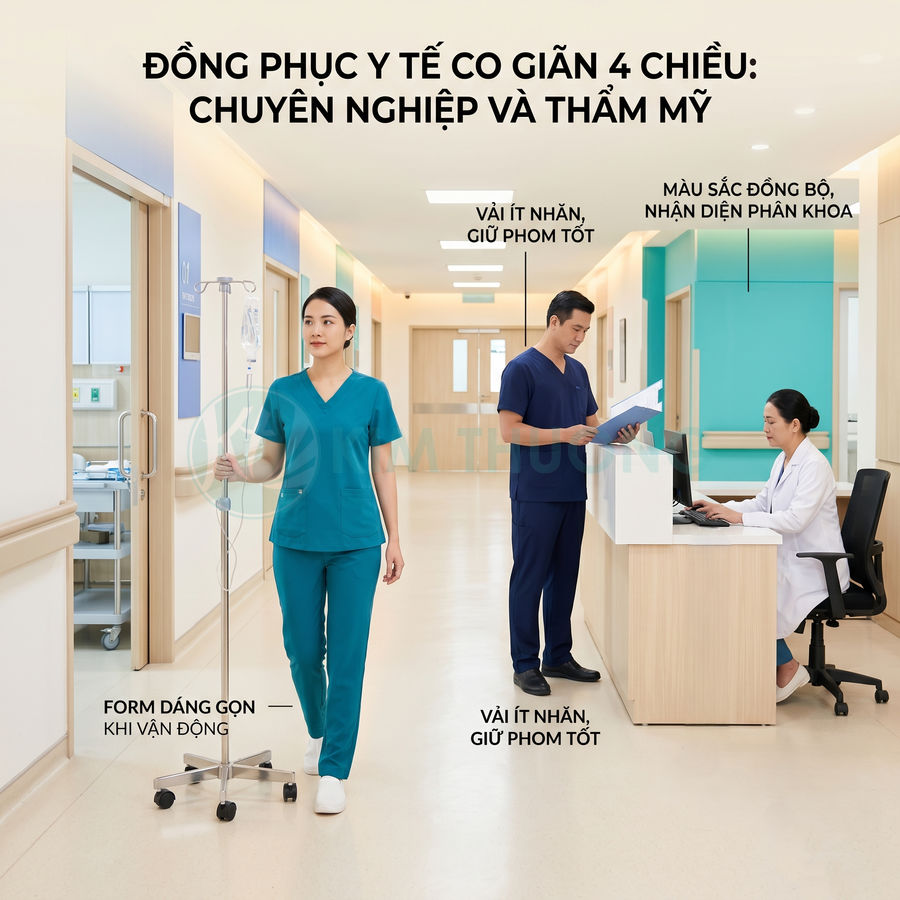 Đồng phục y tế co giãn 4 chiều màu xanh cho bác sĩ và y tá trong hành lang bệnh viện