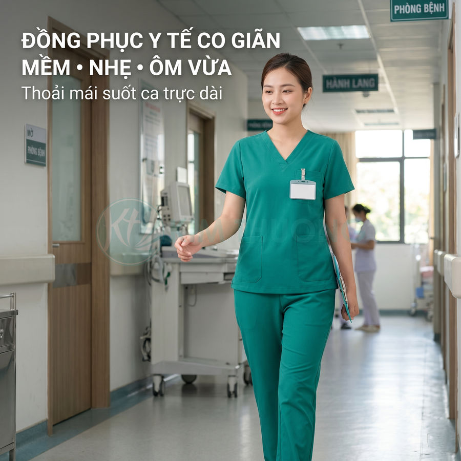 Đồng phục y tế màu xanh co giãn mềm nhẹ, nữ điều dưỡng mặc trong hành lang bệnh viện