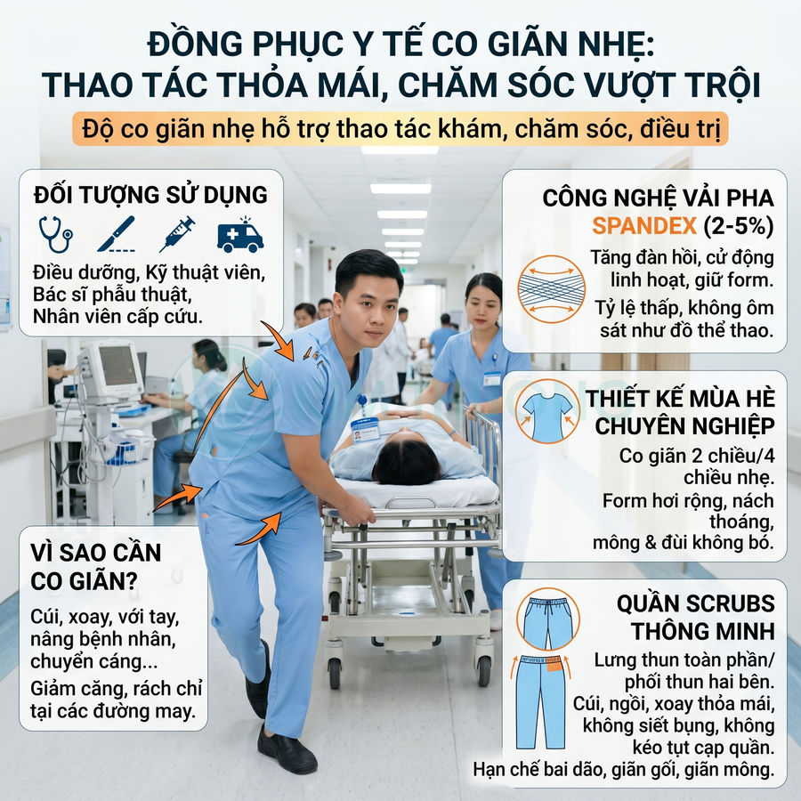 Đồng phục y tế co giãn nhẹ màu xanh cho điều dưỡng và bác sĩ đẩy băng ca trong bệnh viện