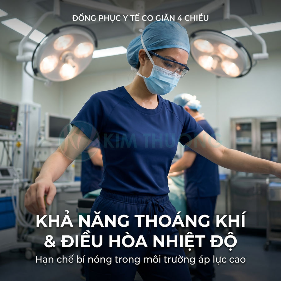 Đồng phục y tế co giãn 4 chiều màu xanh navy, thoáng khí, điều hòa nhiệt độ cho nhân viên phòng mổ