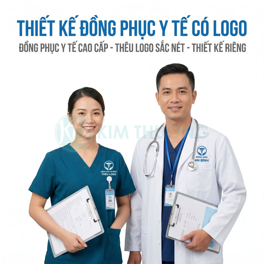 Đồng phục y tế cao cấp thêu logo bệnh viện An Bình trên áo blouse và áo scrub của bác sĩ, y tá