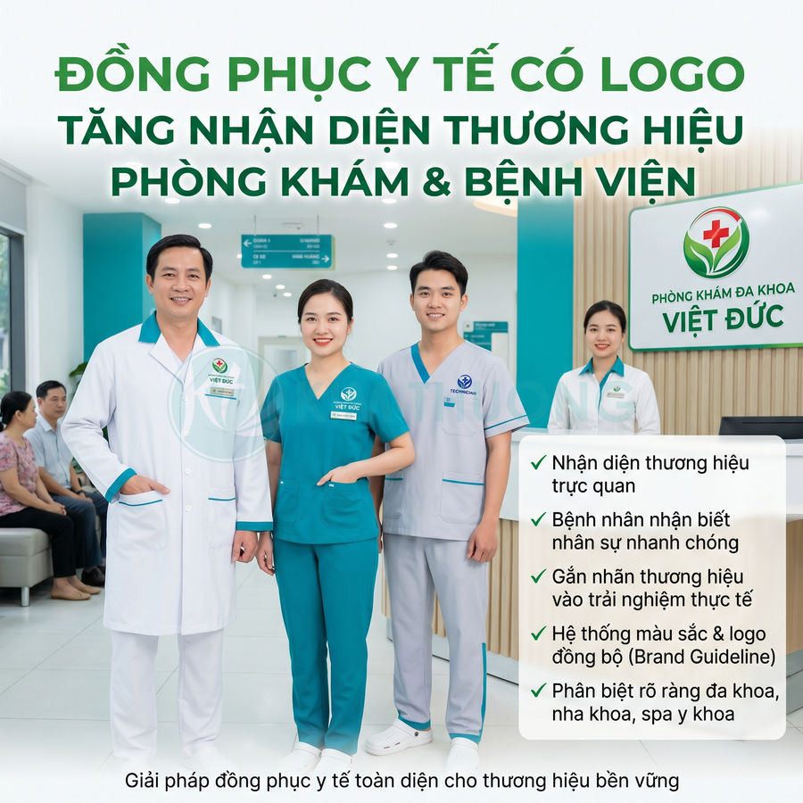 Đồng phục y tế có logo cho phòng khám đa khoa Việt Đức giúp tăng nhận diện thương hiệu chuyên nghiệp