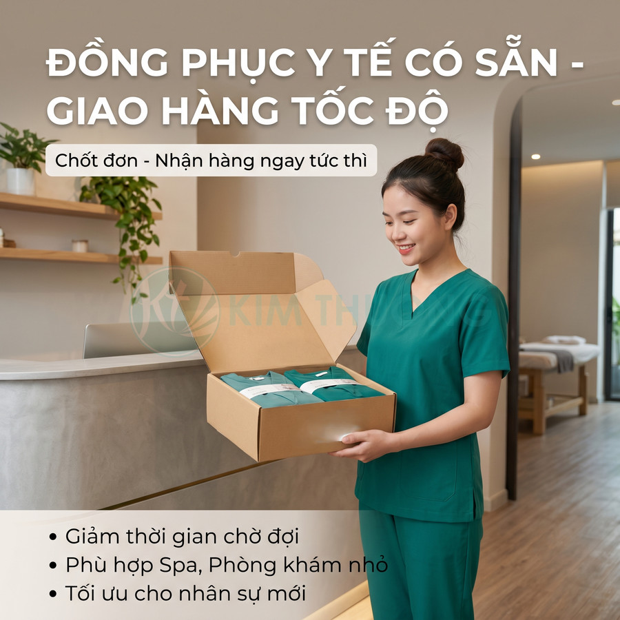 Nhân viên y tế mặc scrub xanh nhận hộp đồng phục y tế giao nhanh tại quầy lễ tân spa