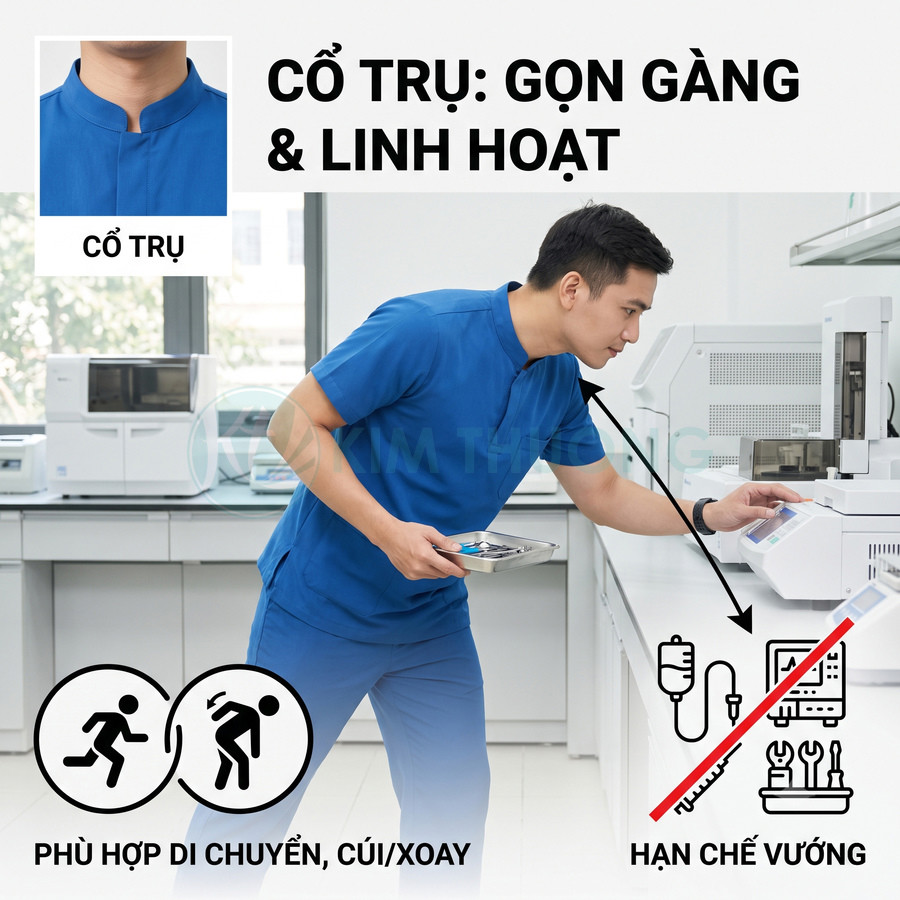 Đồng phục y tế cổ trụ màu xanh dương cho nhân viên phòng thí nghiệm, thiết kế gọn gàng linh hoạt khi di chuyển