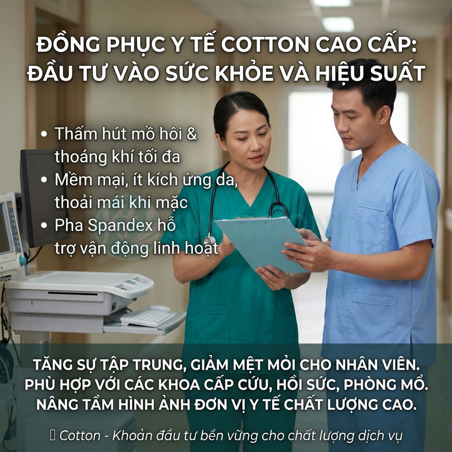 Đồng phục y tế cotton cao cấp màu xanh cho bác sĩ và y tá, thấm hút mồ hôi, co giãn thoải mái trong bệnh viện