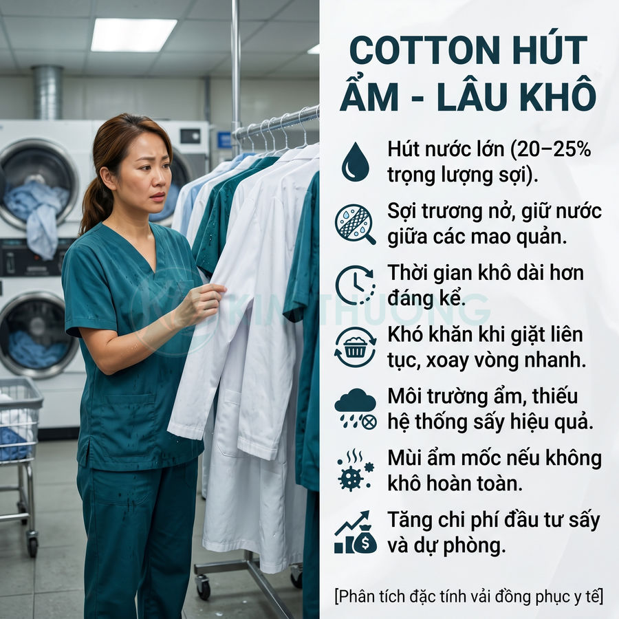 Nhân viên y tế kiểm tra áo blouse cotton treo trên giá trong phòng giặt là bệnh viện