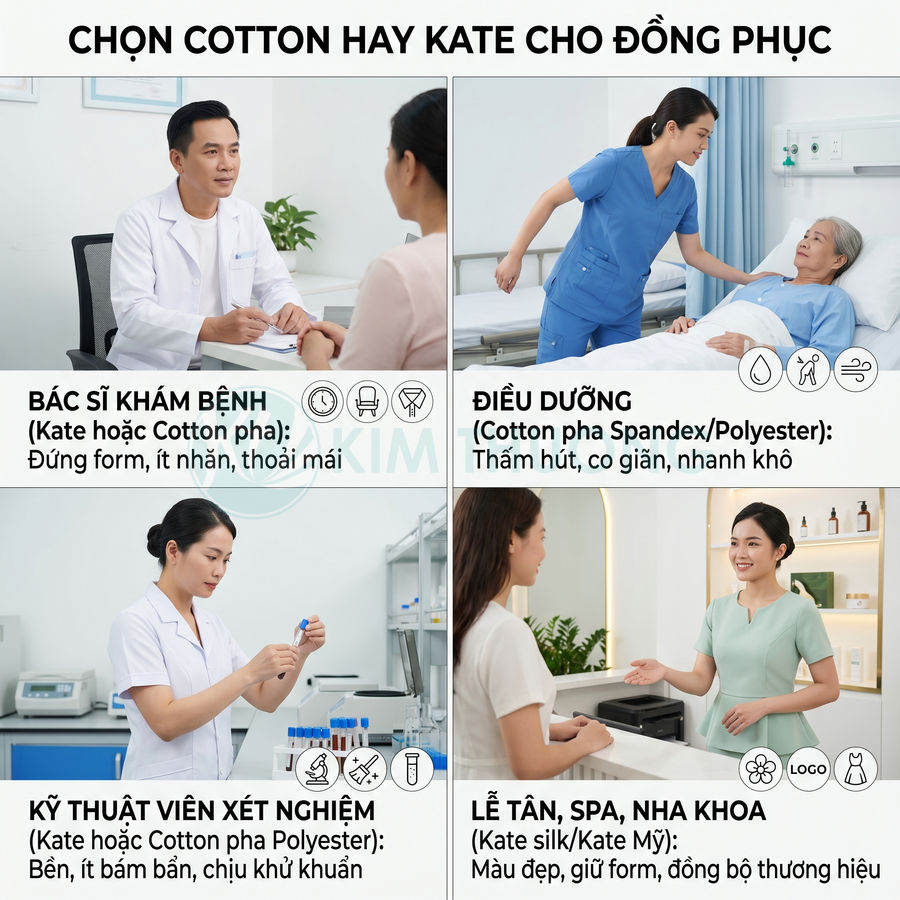 Đồng phục y tế và spa bằng vải cotton, kate cho bác sĩ, điều dưỡng, kỹ thuật viên xét nghiệm và lễ tân