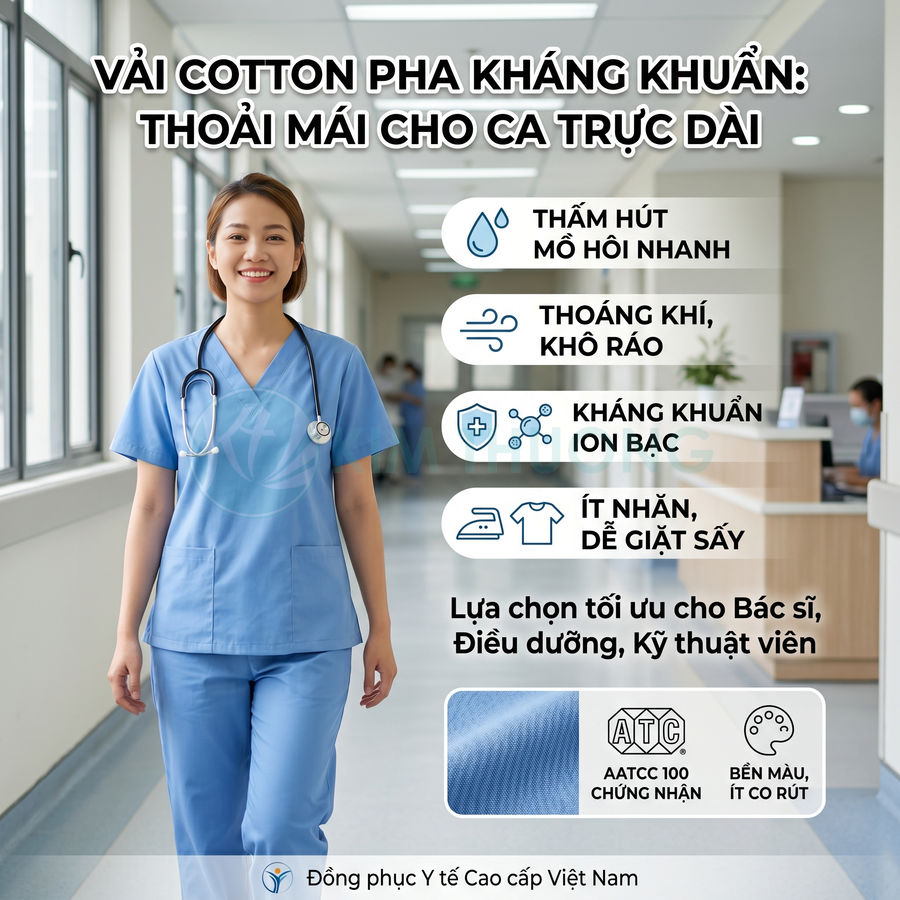 Đồng phục y tế cotton pha kháng khuẩn màu xanh cho bác sĩ điều dưỡng, thấm hút mồ hôi nhanh, thoáng khí, ít nhăn