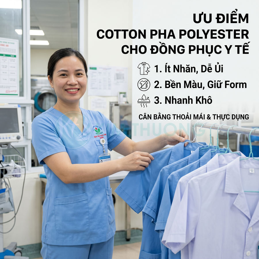 Nhân viên y tế mặc đồng phục cotton pha polyester màu xanh đang chọn áo blouse treo trên giá trong bệnh viện